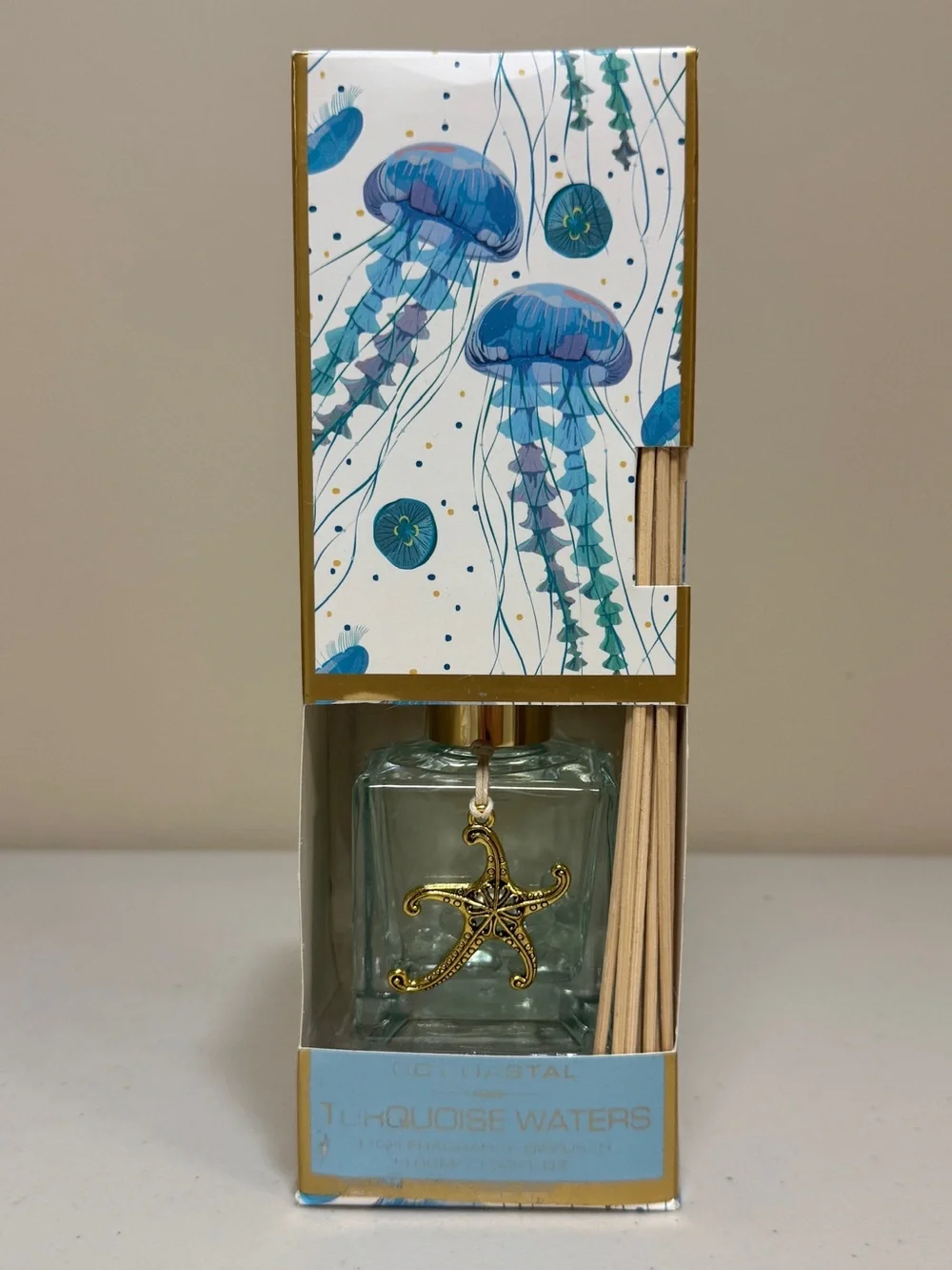 NWT Turquoise Waters Reed Diffuser Gold Starfish Accent Home Decor Scent Beach